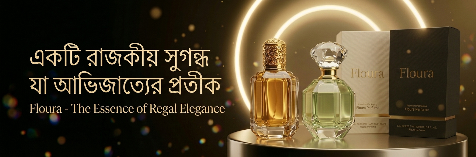 Luxury perfume banner for Floura brand featuring golden amber and light green crystal bottles on a pedestal, with premium black and gold packaging, set against a dramatic dark background with glowing light rings and particles.